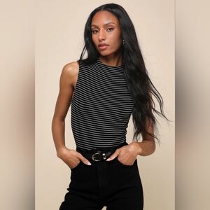 NWT Lulu's Irresistibly Chic Black Striped Funnel Neck Tank Top
